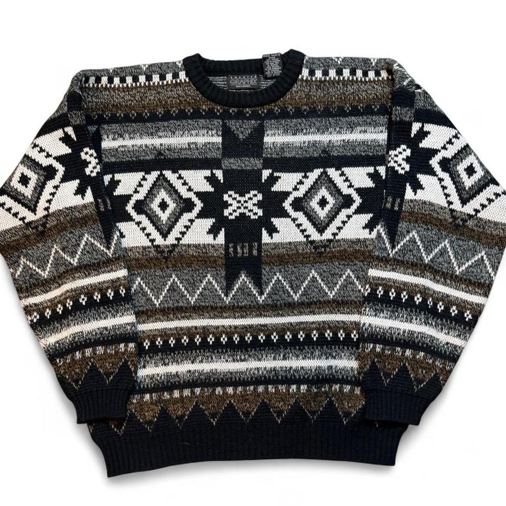 Vintage 90s Sweater Graphix Men's Large Geometric Aztec Knit Sweater